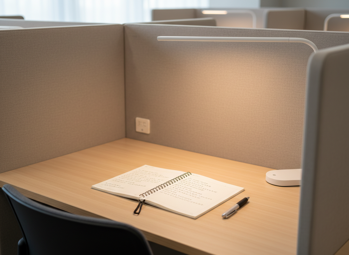 A clean, modern self-study desk in a quiet learning space near Okayama Station, featuring a smooth light-wood tabletop with a subtle grain and a single open notebook with neatly written Japanese text. A slim, matte-white desk lamp casts warm, focused light onto the pages, while diffused daylight from an unseen window softens the background. Partition panels in soft beige fabric create a sense of privacy without feeling cramped. Shot at eye level with a slightly shallow depth of field, the foreground details are crisp while the background study booths fall into a gentle blur. The atmosphere is calm, focused, and inviting, rendered in photographic realism with a minimalist, tidy aesthetic that conveys concentration and possibility.